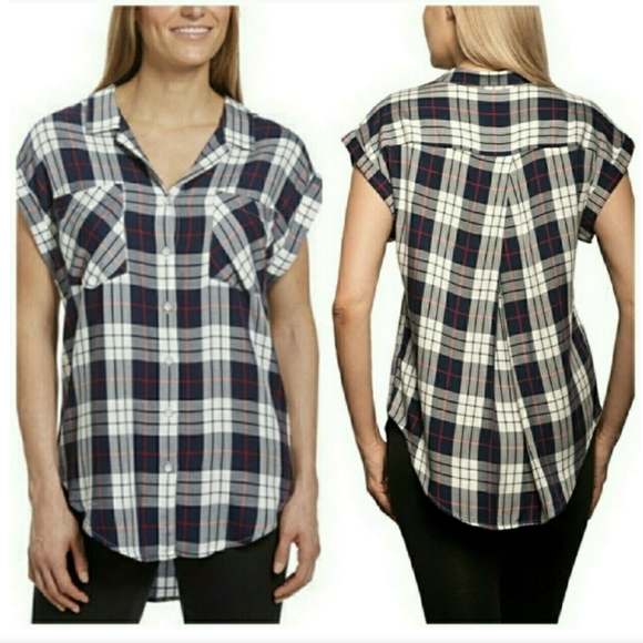 Cap sleeve plaid tunic button-up shirt - Picture 1 of 7